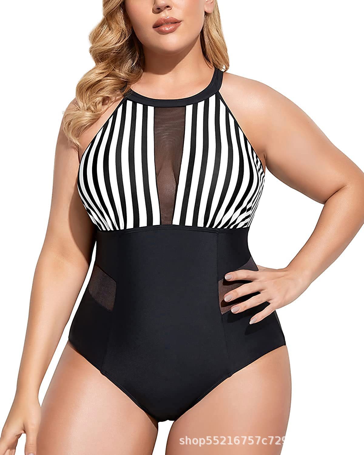 Women Plus Size One Piece Swimsuit High Neck Plunge Mesh Cut Out Bathing Suits